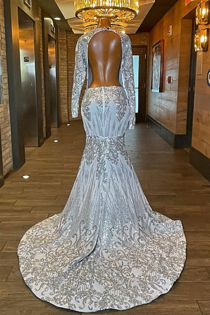 Sparkle Silver Sequins Long Sleeves Backless Side Slit Beadings Prom Dresses