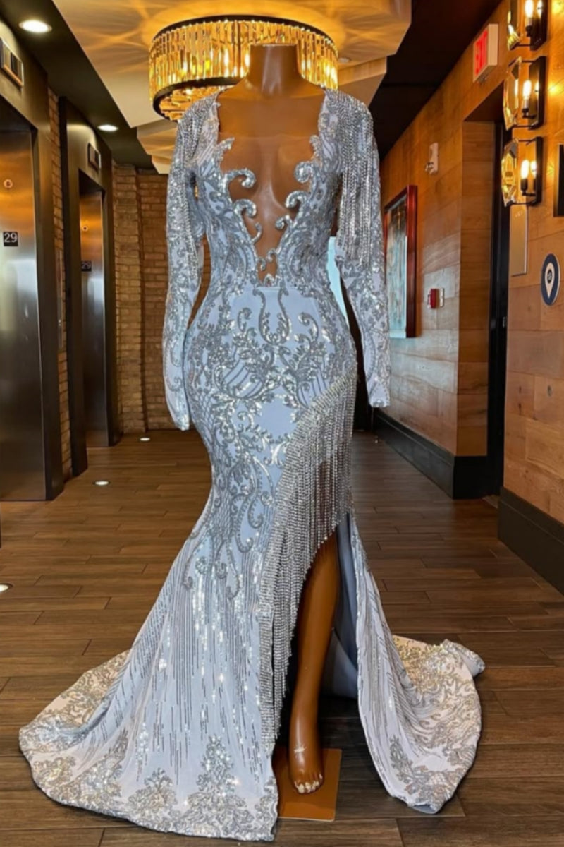 Sparkle Silver Sequins Long Sleeves Backless Side Slit Beadings Prom Dresses