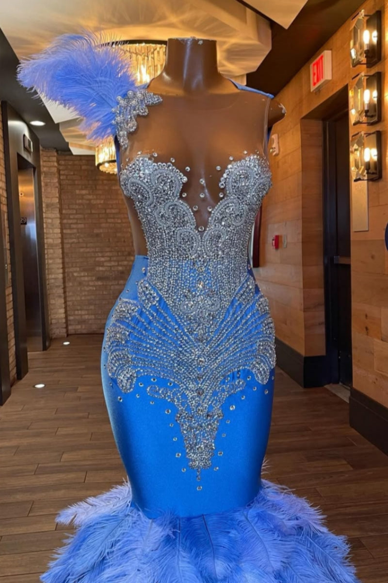 Charming Blue Feathers Mermaid Beadings Prom Dresses