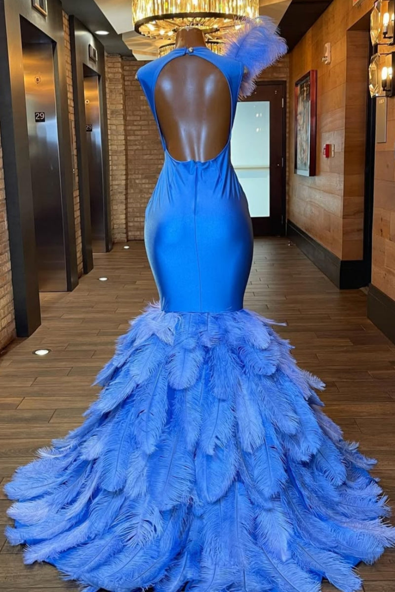 Charming Blue Feathers Mermaid Beadings Prom Dresses