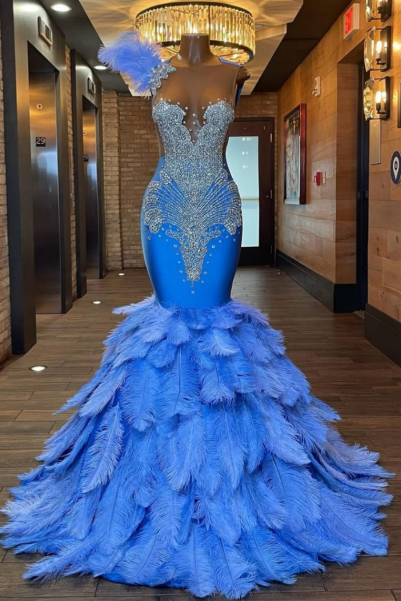 Charming Blue Feathers Mermaid Beadings Prom Dresses