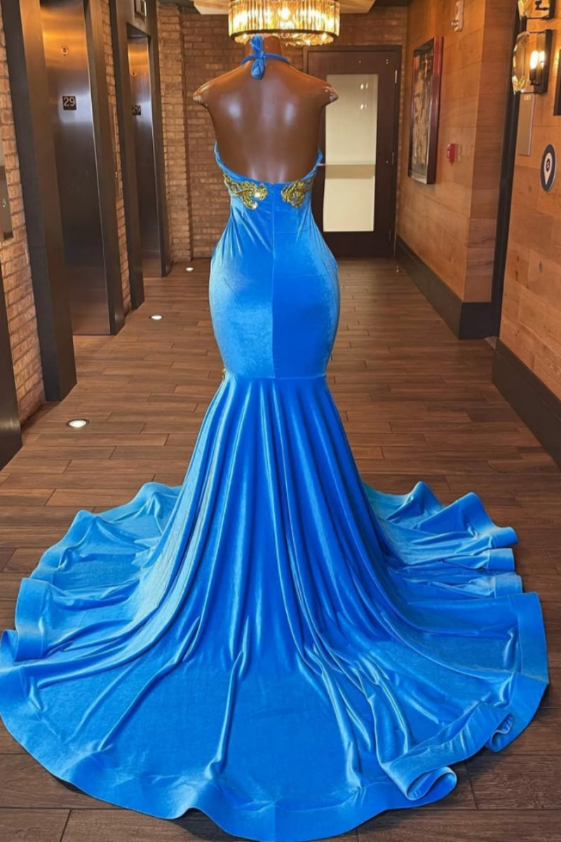 Gentle Halter Blue Velvet Gold Appliques Mermaid Prom Dresses