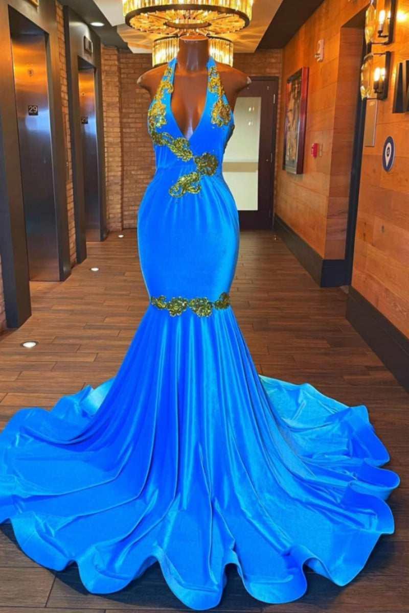 Gentle Halter Blue Velvet Gold Appliques Mermaid Prom Dresses