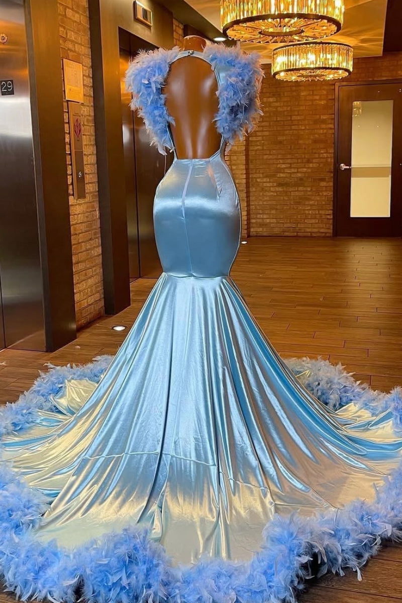 Chic Sky Blue Sleeveless V Neck Beadings Prom Dresses With Feathers