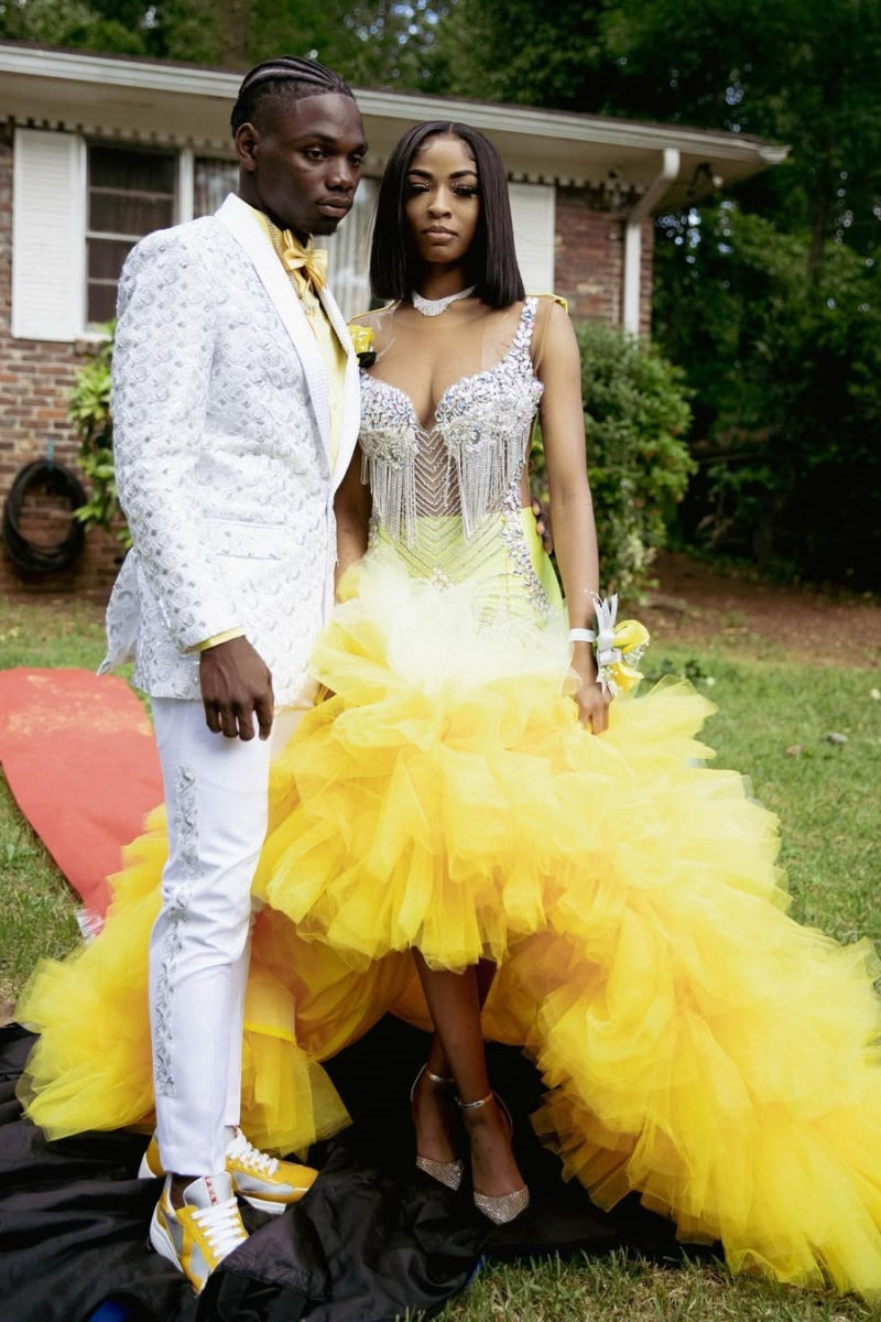Trendy Hi-Lo Spaghetti Strap Beadings Yellow Tulle Puffy Layers Prom Dresses