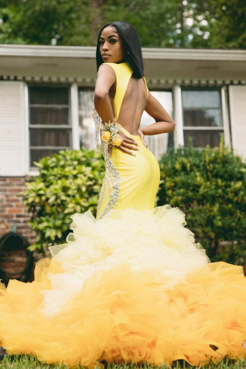 Trendy Hi-Lo Spaghetti Strap Beadings Yellow Tulle Puffy Layers Prom Dresses