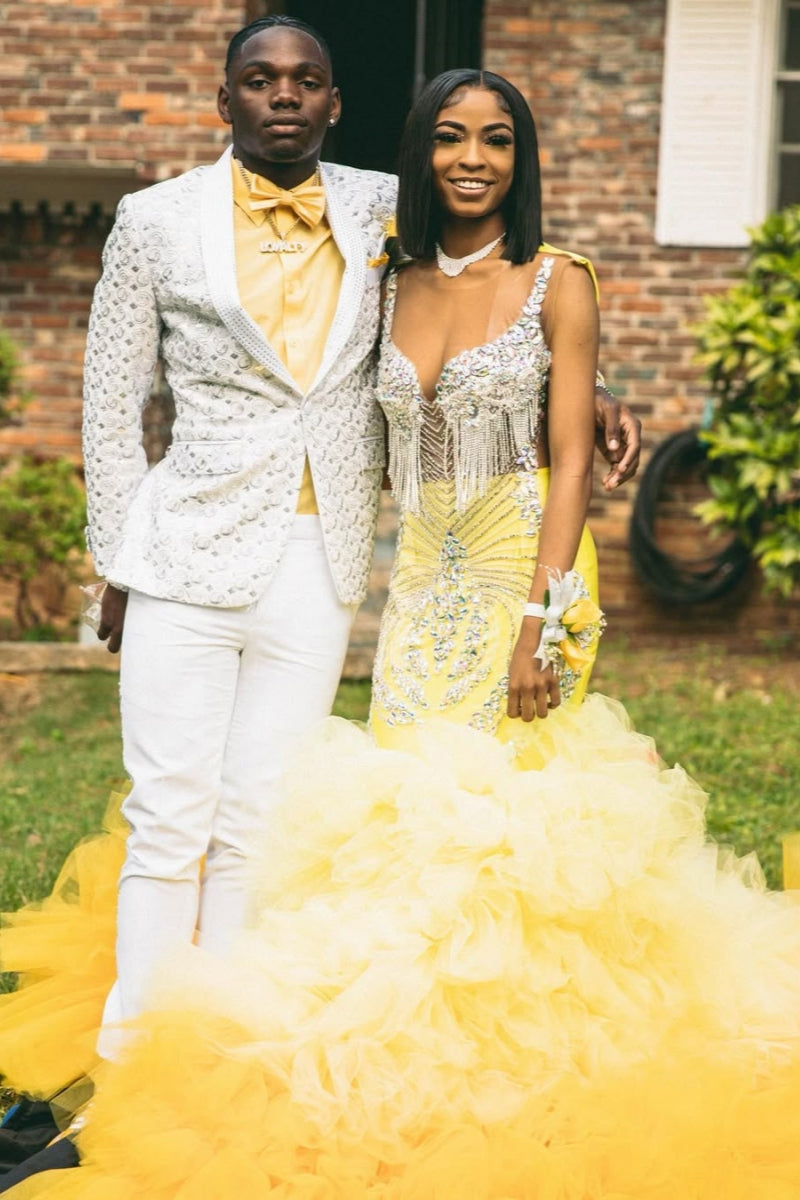 Trendy Hi-Lo Spaghetti Strap Beadings Yellow Tulle Puffy Layers Prom Dresses