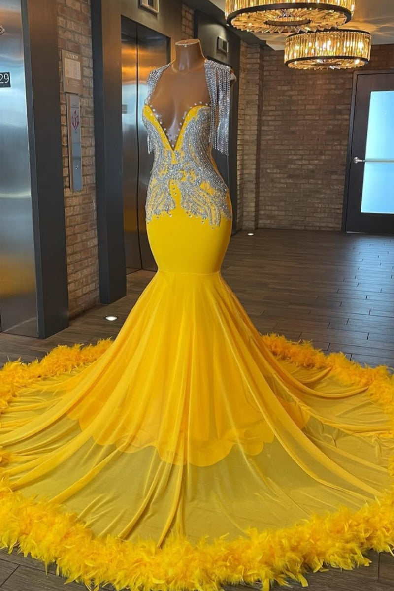 Wonderful Mermaid Beadings Yellow Tulle Prom Dresses With Feathers