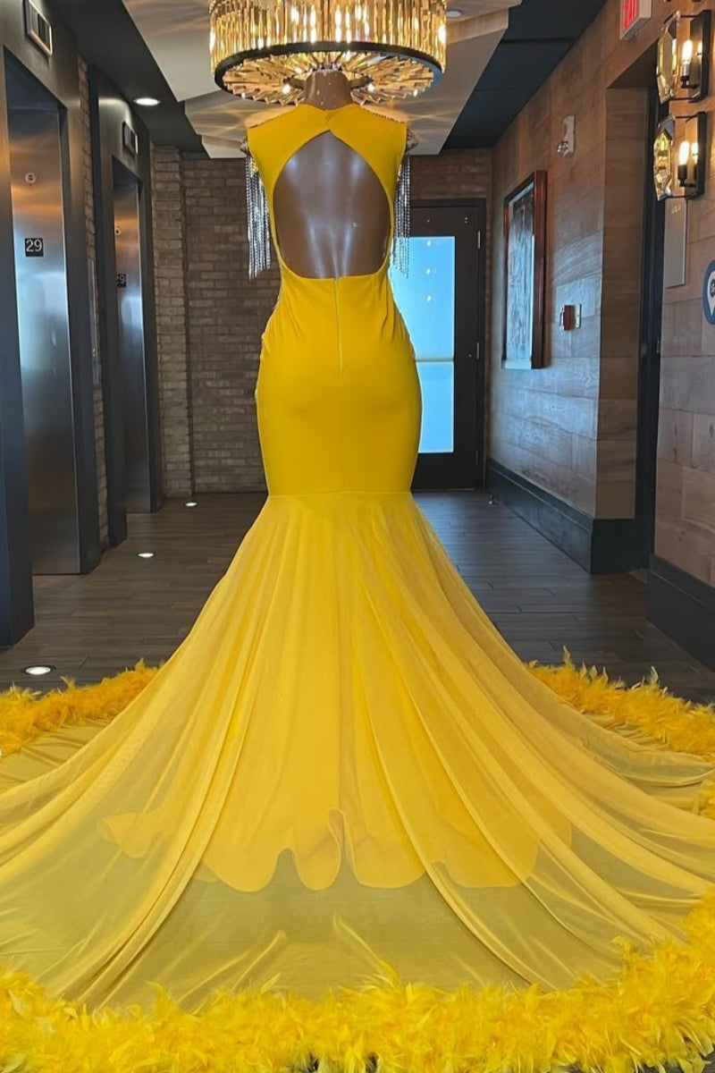 Wonderful Mermaid Beadings Yellow Tulle Prom Dresses With Feathers