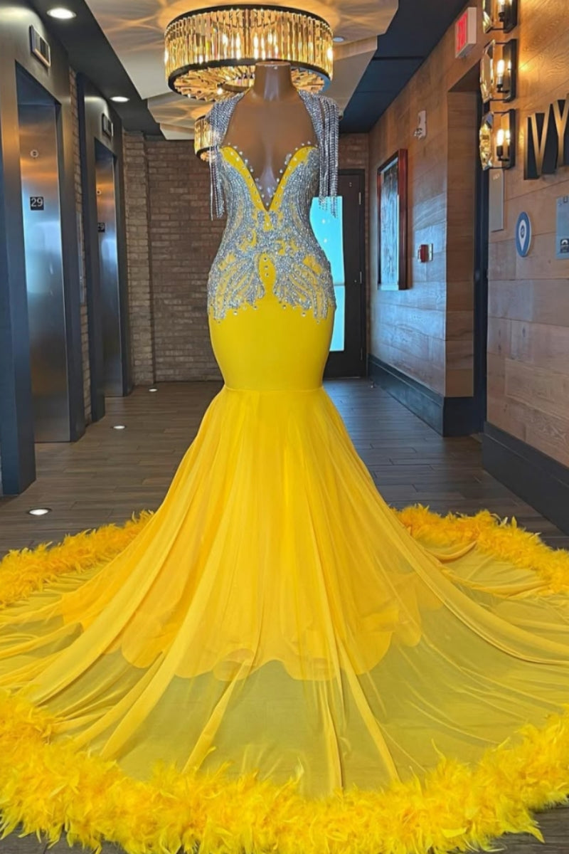 Wonderful Mermaid Beadings Yellow Tulle Prom Dresses With Feathers
