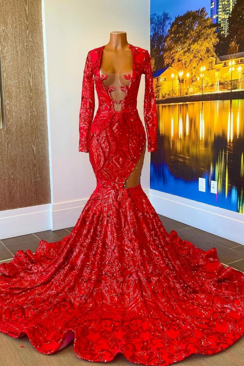 Festival Red Sequins Long Sleeves V Neck Mermaid Prom Dresses