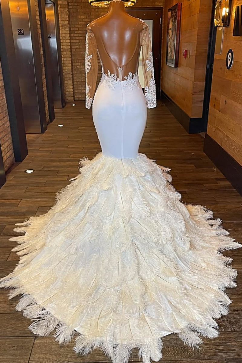 Gorgeous White Appliques Long Sleeves Prom Dresses With Feathers