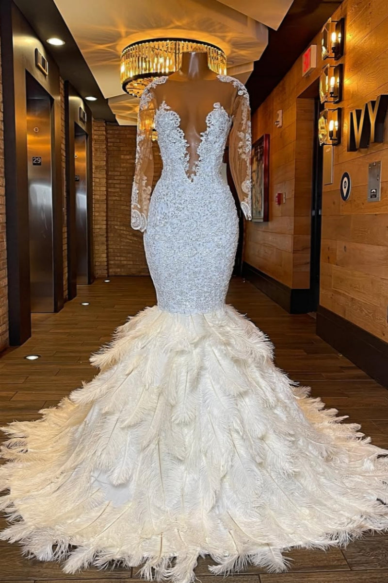 Gorgeous White Appliques Long Sleeves Prom Dresses With Feathers
