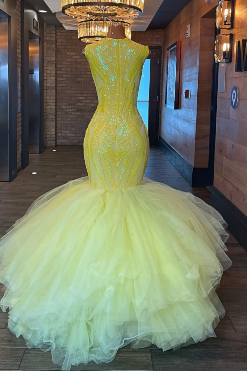 Sexy Mermaid Yellow Sequins Jewel Tulle Puffy Layers Prom Dresses