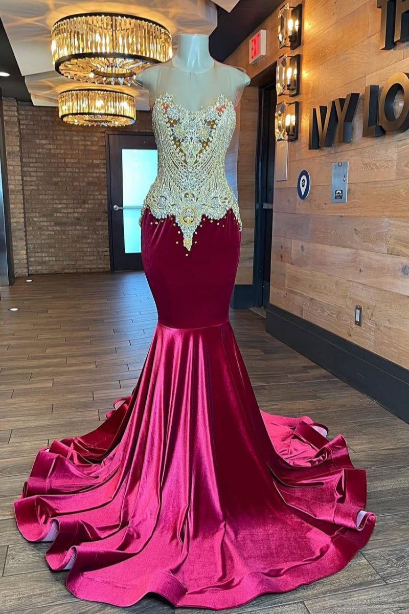 Dignified Burgundy Velvet Mermaid Jewel Beadings Prom Dresses