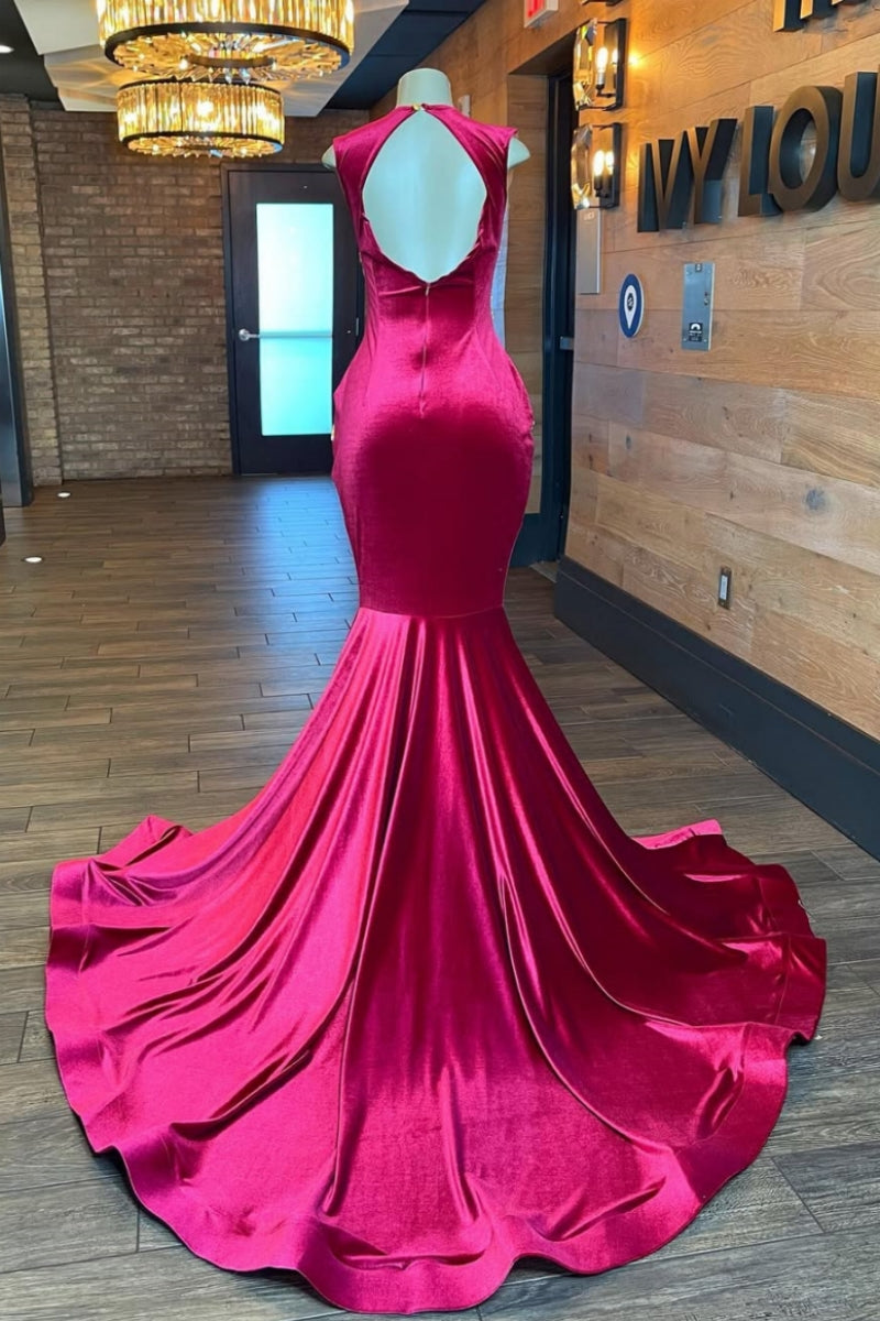 Dignified Burgundy Velvet Mermaid Jewel Beadings Prom Dresses
