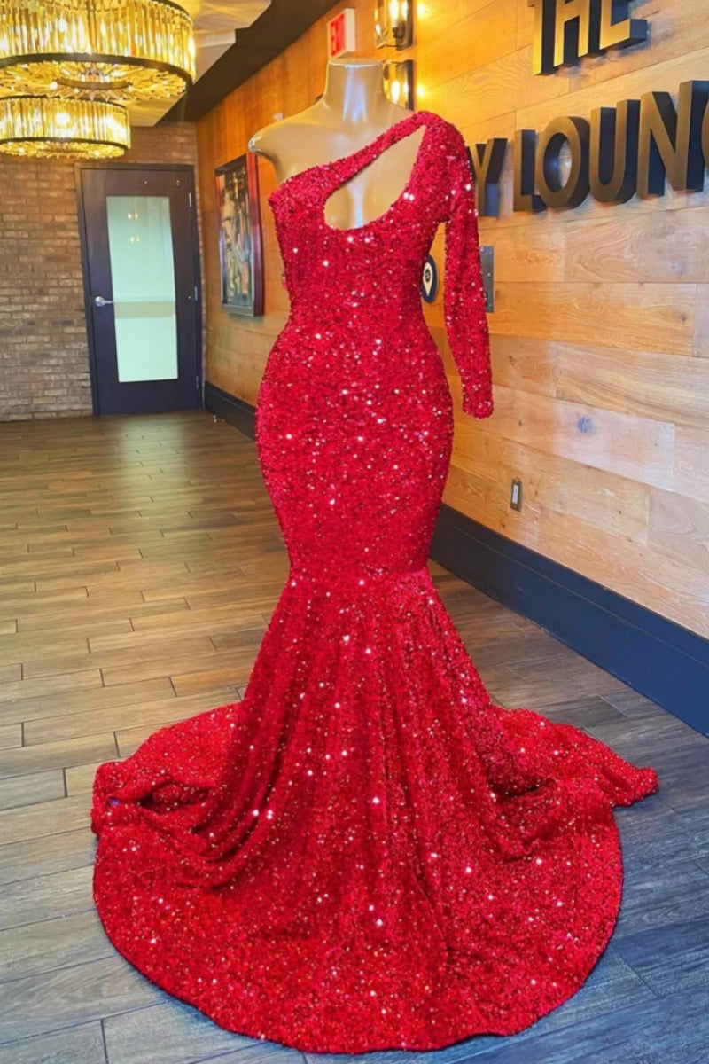 Gorgeous Red Sequins One Shoulder Mermaid Prom Dresses