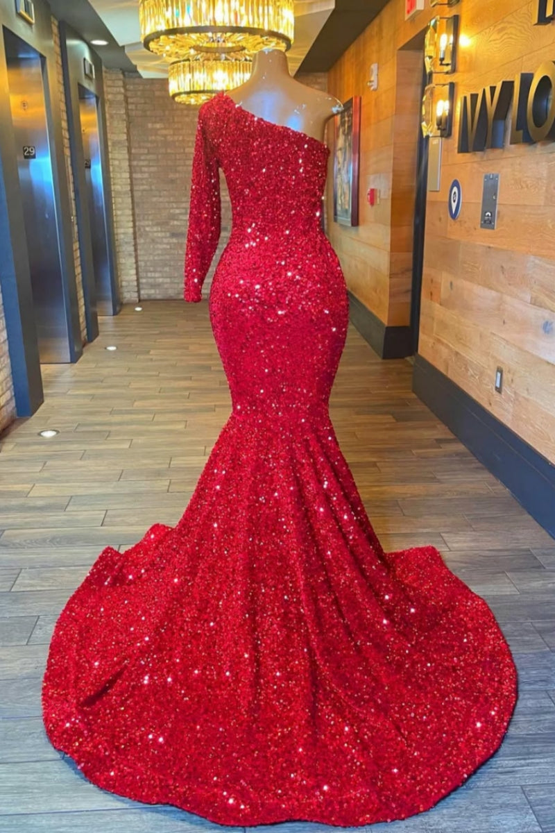 Gorgeous Red Sequins One Shoulder Mermaid Prom Dresses