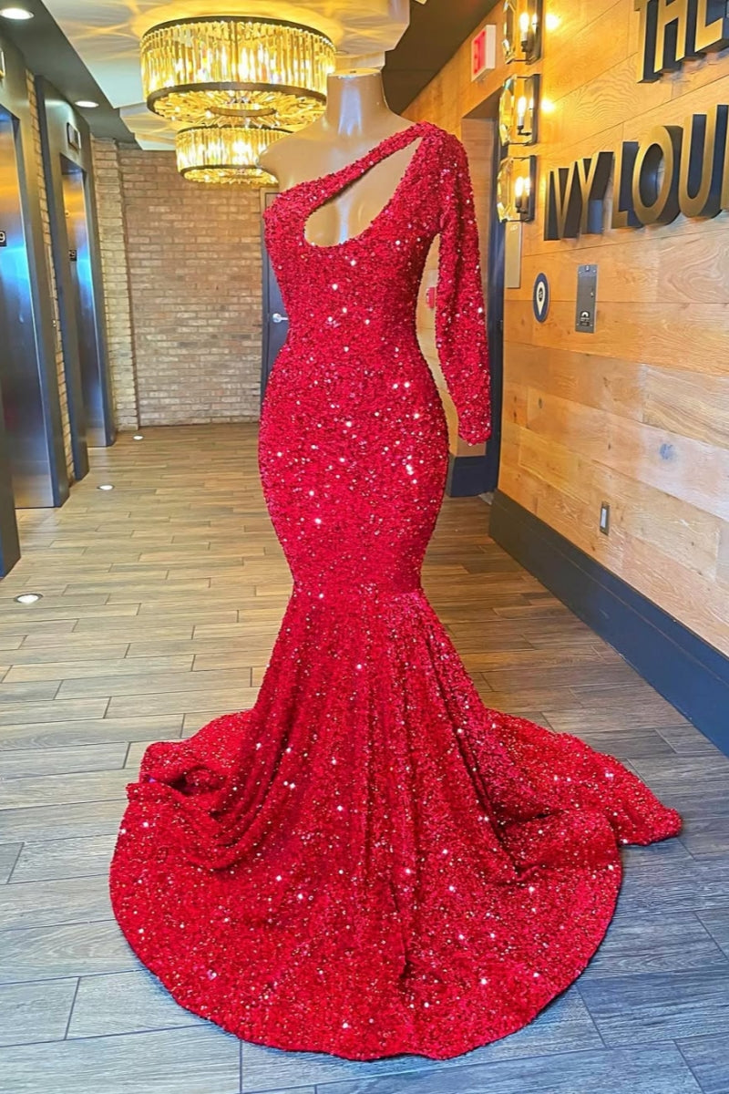 Gorgeous Red Sequins One Shoulder Mermaid Prom Dresses