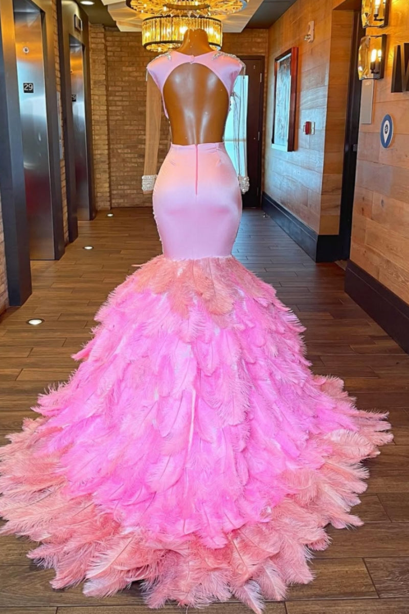 Honorable Silver Beadings Pink Feathers Hem Backless Mermaid Prom Dresses