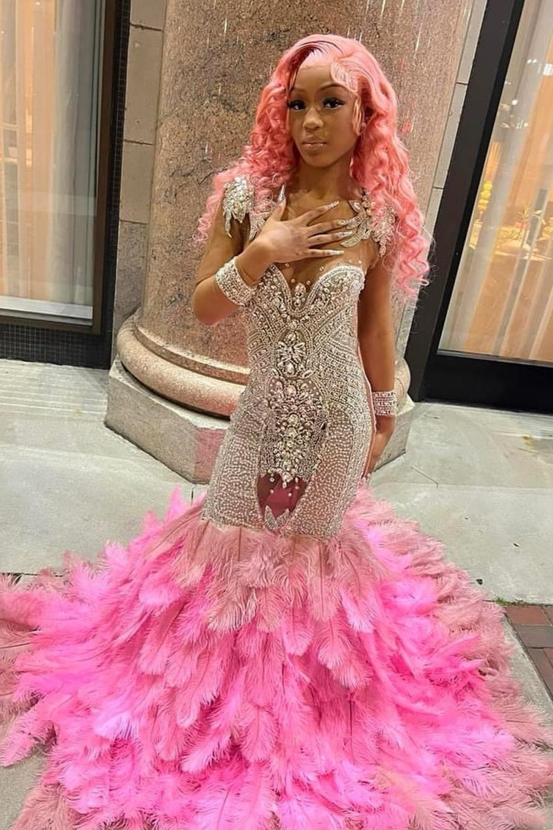 Beautiful Silver Beadings Pink Feathers Hem Backless Mermaid Prom Dresses