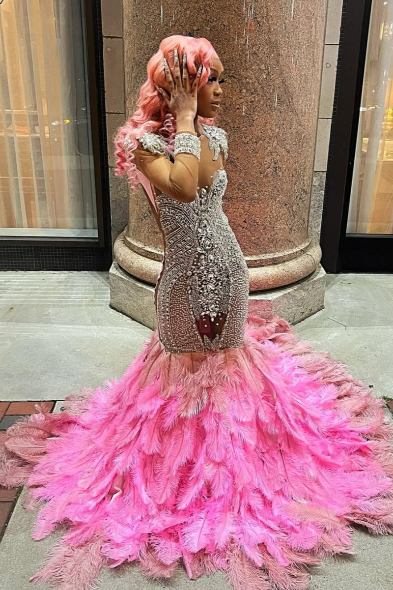 Beautiful Silver Beadings Pink Feathers Hem Backless Mermaid Prom Dresses