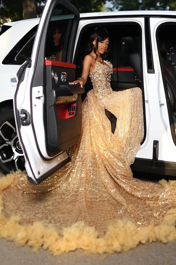 Sexy Strapless Gold Beadings Side Slit Sequins Prom Dresses With Tulle Hem