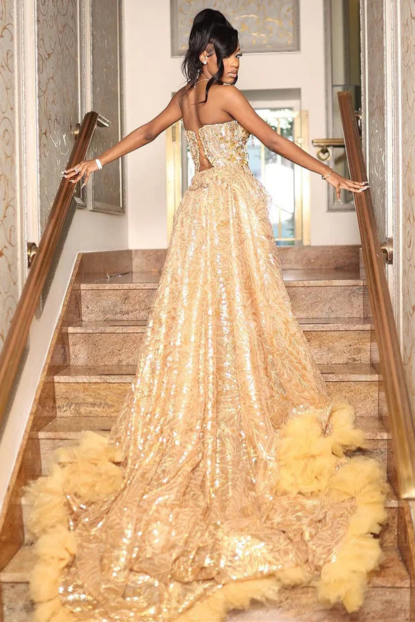 Sexy Strapless Gold Beadings Side Slit Sequins Prom Dresses With Tulle Hem