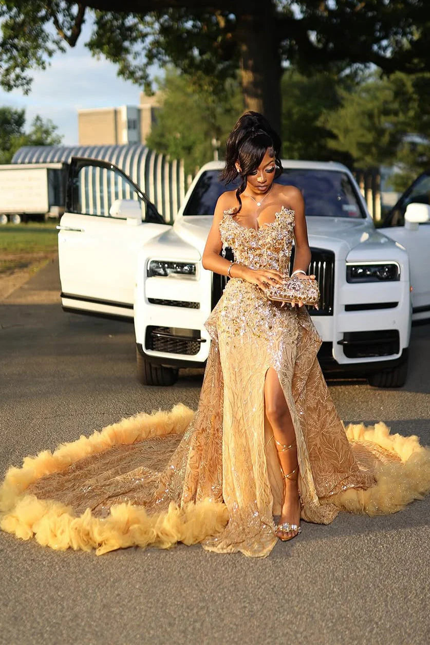 Sexy Strapless Gold Beadings Side Slit Sequins Prom Dresses With Tulle Hem