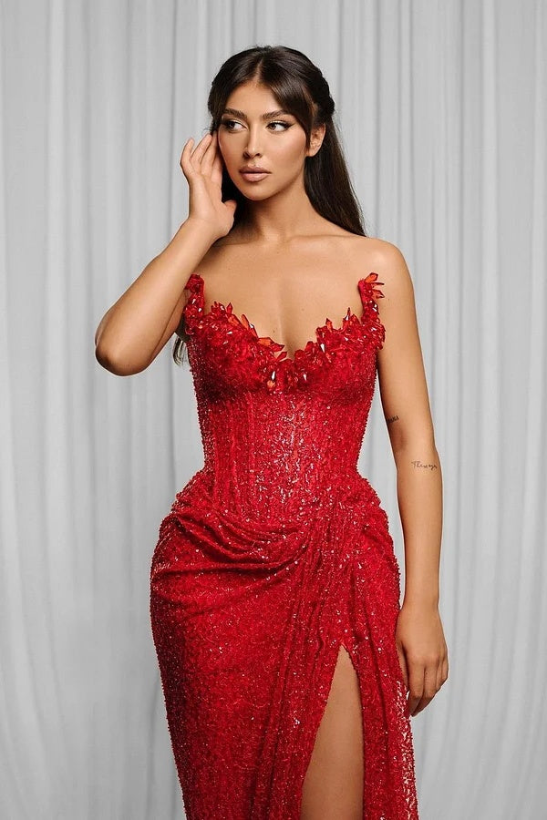 Chic Red Sequins Sweetheart Beadings High Split Evening Dresses
