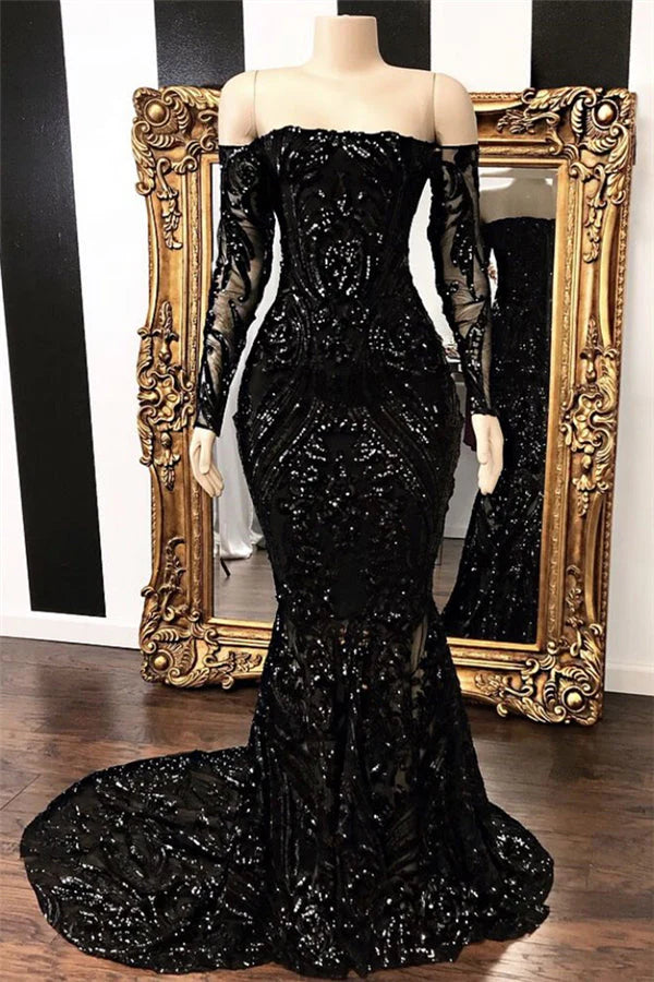 Generous Strapless Long Sleeves Black Tulle Sequins Prom Dresses