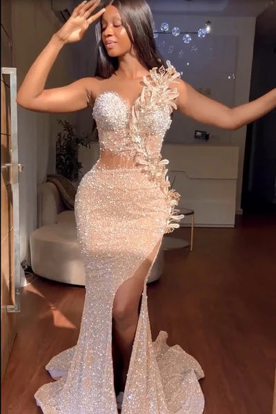Sparkle Sweetheart Flower Beadings Mermaid High Split Sequins Prom Dresses