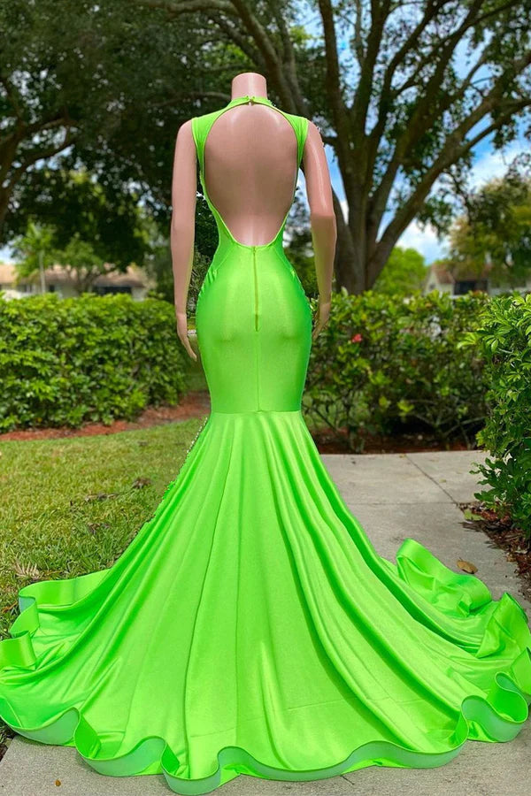 Modern V Neck Green Satin Mermaid Beadings Prom Dresses