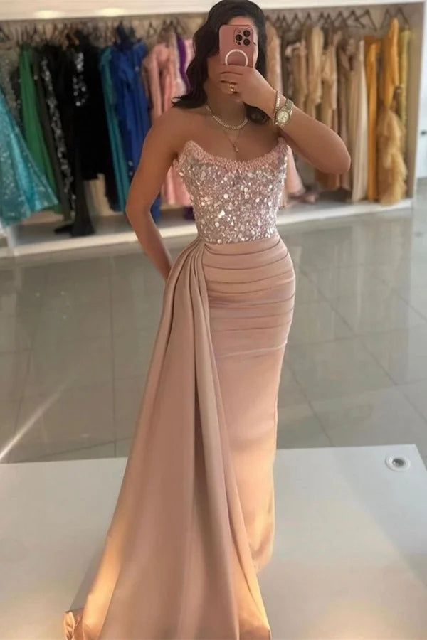 Gorgeous Dusty Rose Strapless Beadings Sequins Evening Dresses