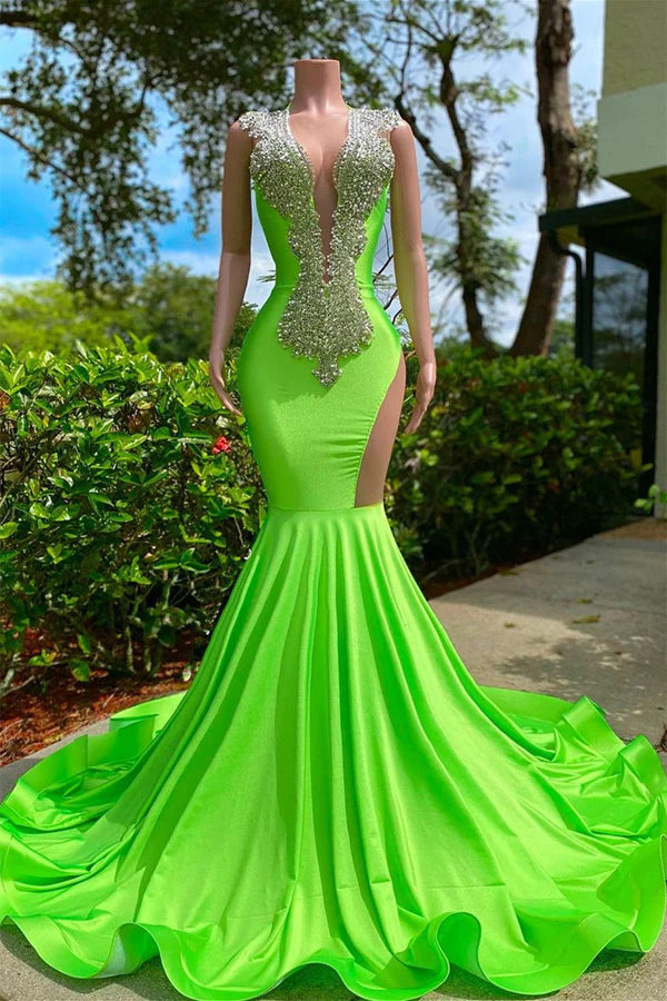 Modern V Neck Green Satin Mermaid Beadings Prom Dresses