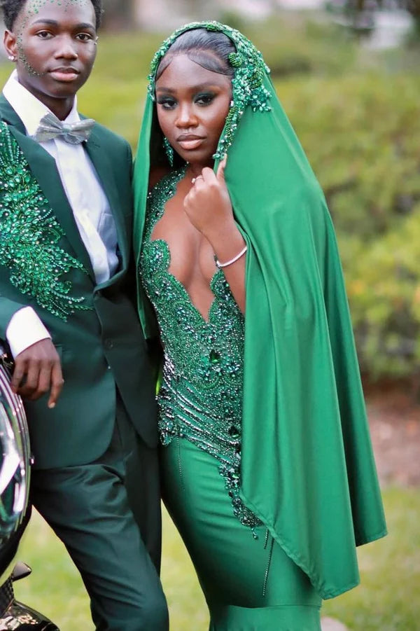 Gentle Dark Green Beadings Mermaid Prom Dresses With Veil
