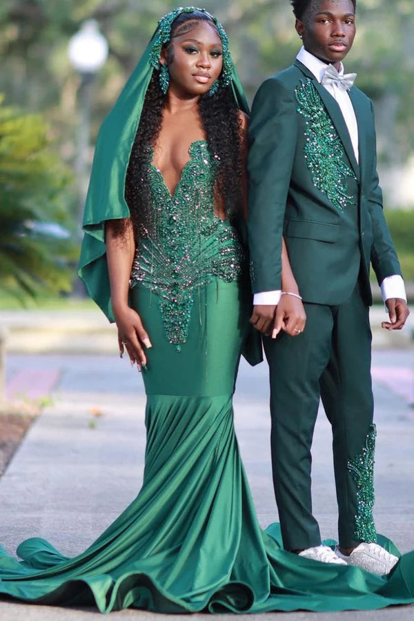 Gentle Dark Green Beadings Mermaid Prom Dresses With Veil