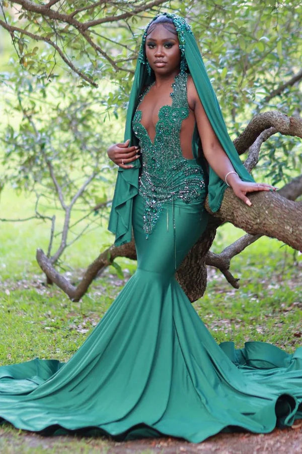 Gentle Dark Green Beadings Mermaid Prom Dresses With Veil