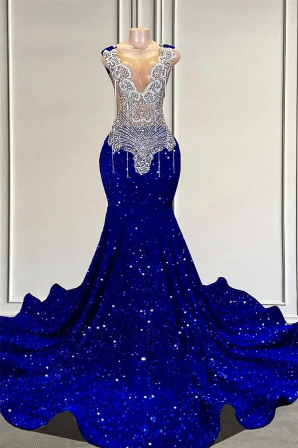 Fashion Royal Blue Jewel  Sleeveness Sequins Mermaid Prom Dresses With Beadings