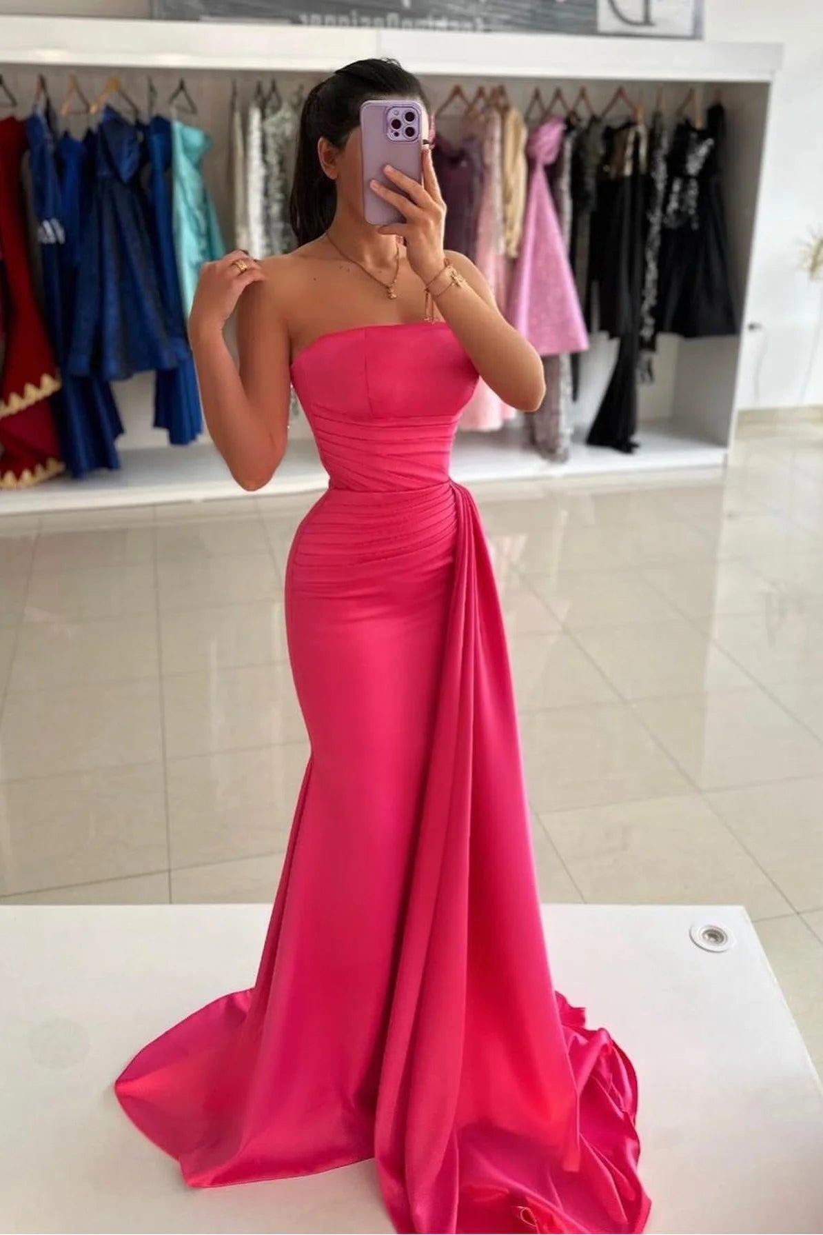Fashion Pink Strapless Soft Satin Sexy Evening Dresses