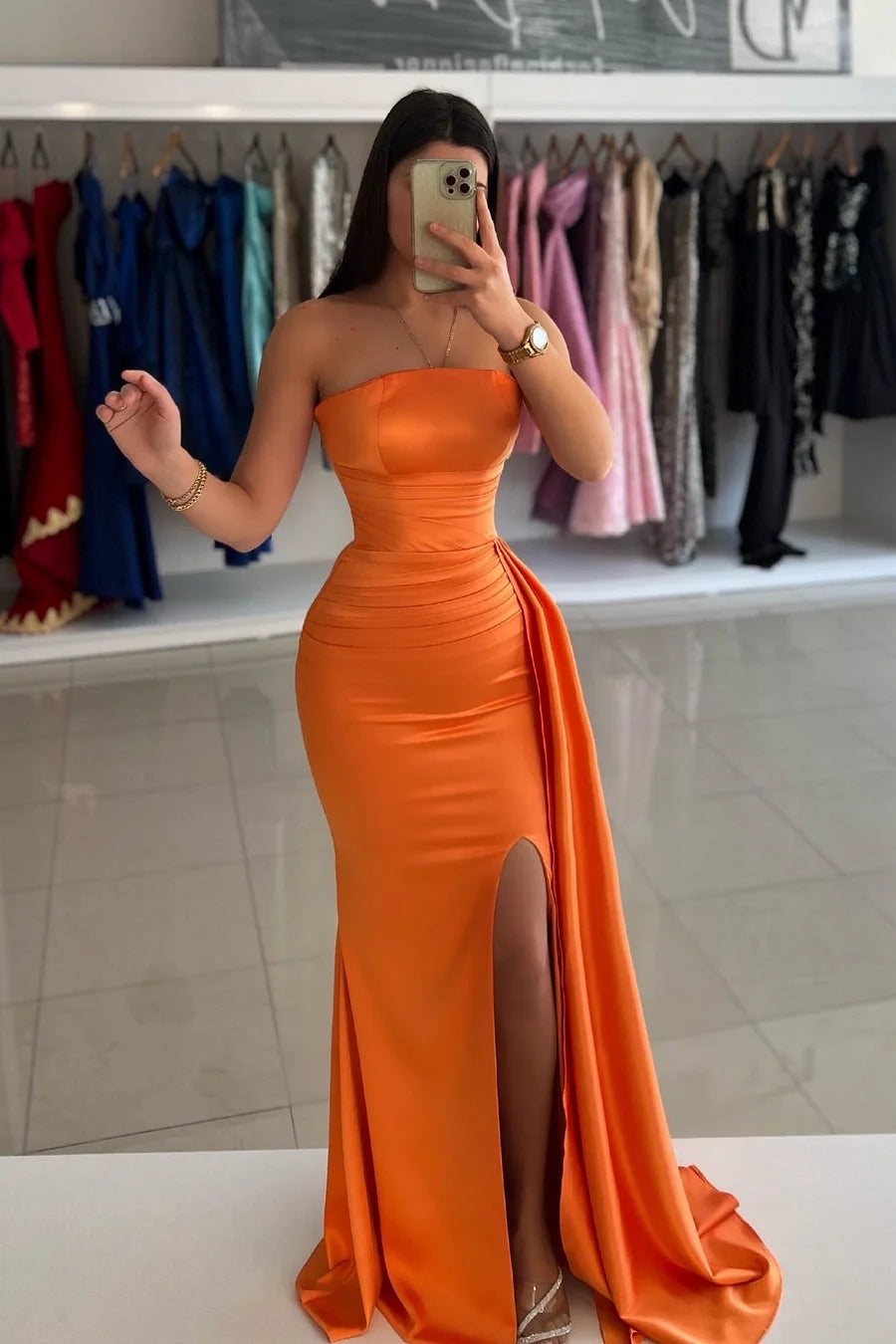 Mild Orange Strapless Soft Satin Side Slit Evening Dresses
