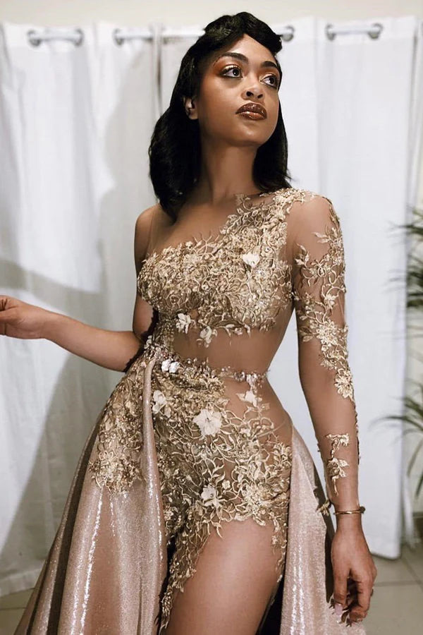 Sparkly Gold One Sleeve Sequins High Split Appliques Prom Dresses