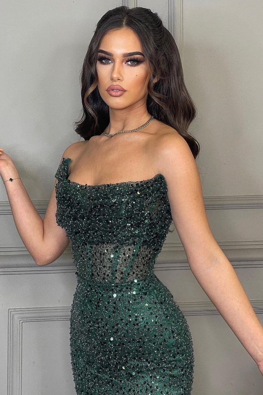 Modern Green Strapless Mermaid Sequins Evening Dresses