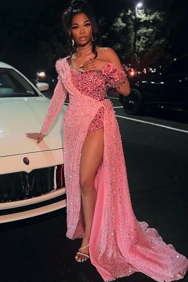 Elegant Pink One Sleeve Sequins High Split Prom Dresses
