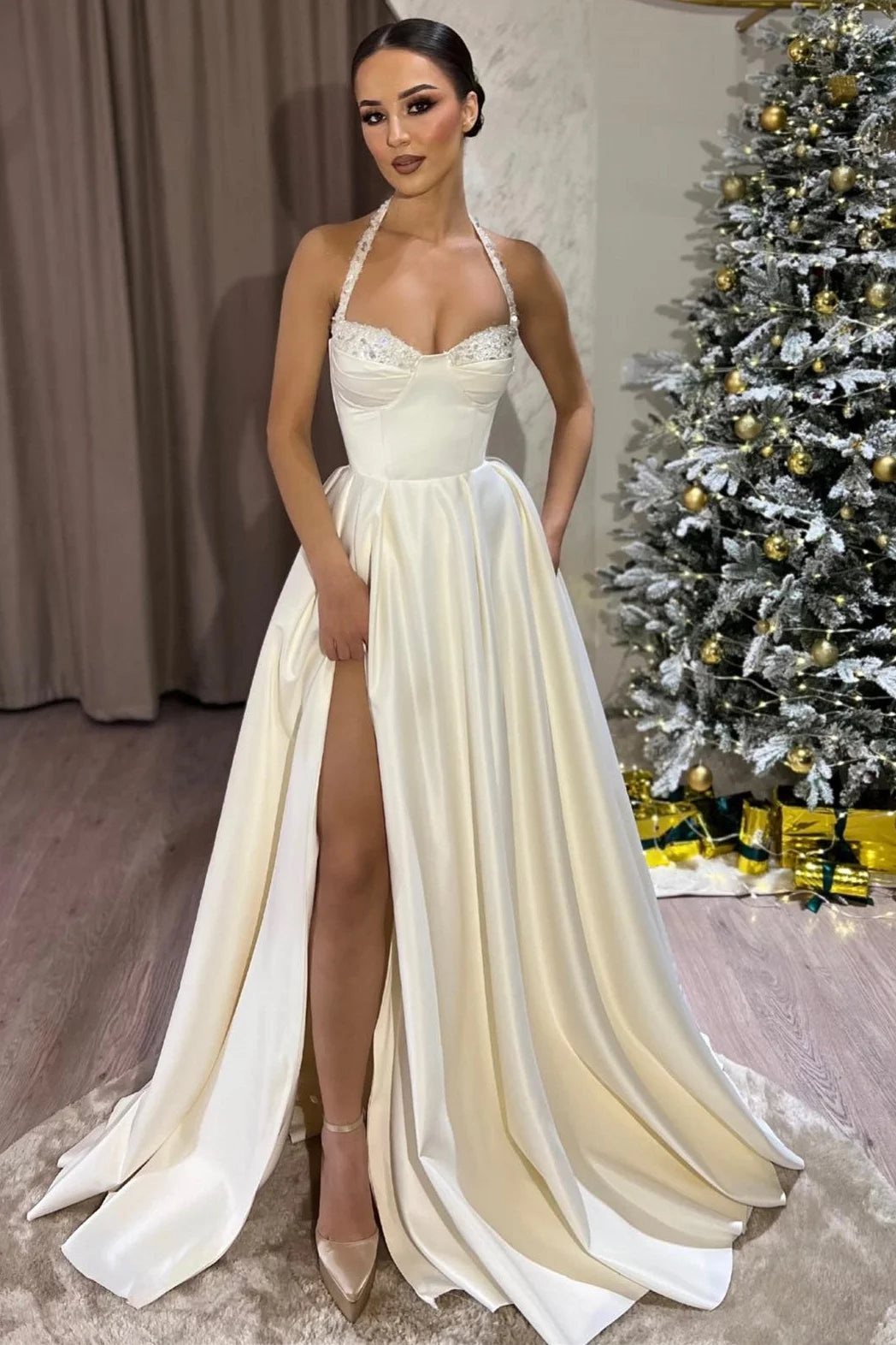Fancy White Halter Empire Satin Side Slit Beadings Evening Dresses