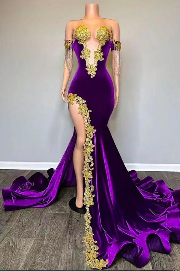 Dignified Purple Velvet High Split Prom Dresses With Gold Appliques
