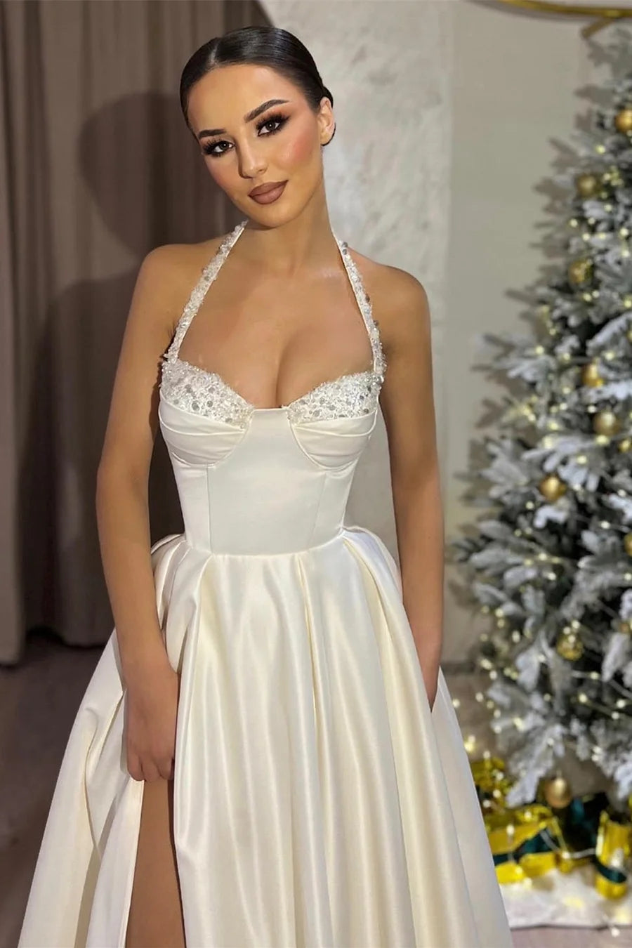 Fancy White Halter Empire Satin Side Slit Beadings Evening Dresses