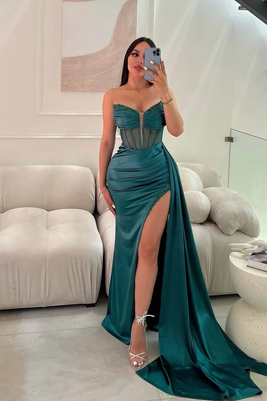 Sexy Dark Green Satin Sweetheart High Split Beadings Evening Dresses