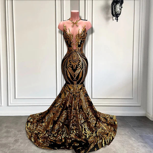 Gorgeous Black V-Neck Sleeveless Mermaid Prom Dresses With Gold Appliques