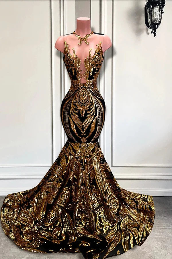 Gorgeous Black V-Neck Sleeveless Mermaid Prom Dresses With Gold Appliques